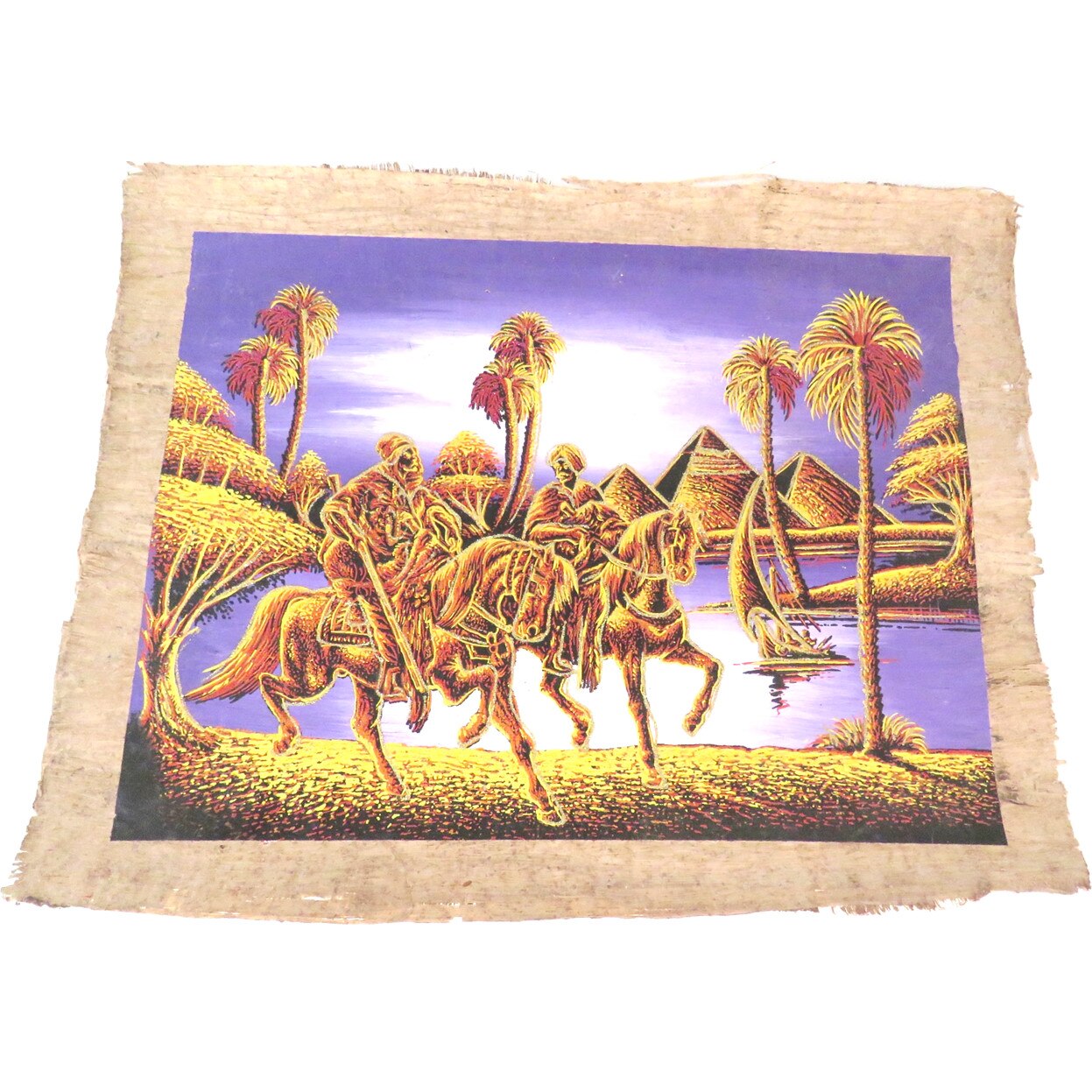 Imagine de perete 41/33cm, tablou stil egiptean, pictat manual, hartie de papirus, piramide, palmieri, cai, E103