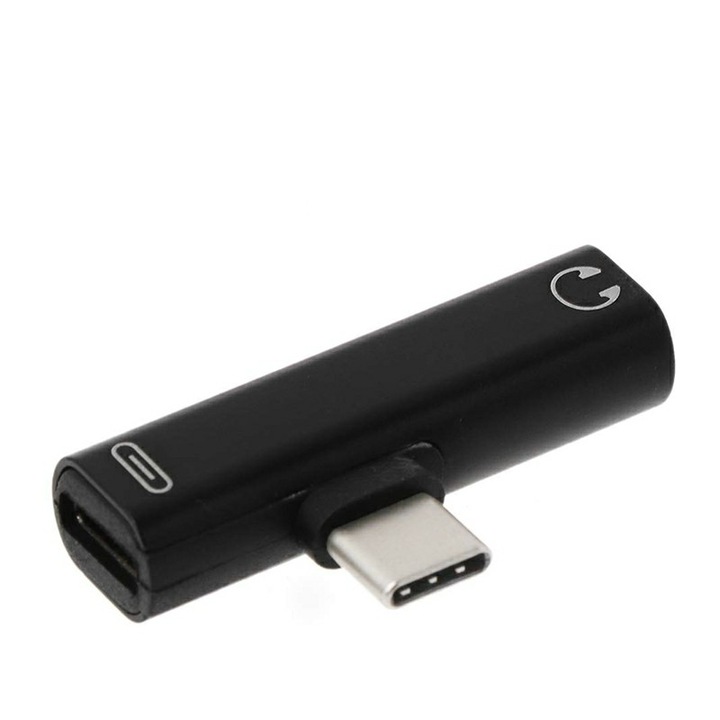 2в1 адаптер, слушалки и зарядно, USB Type C, Jack 3.5 mm, сплитер, черен, BBL937