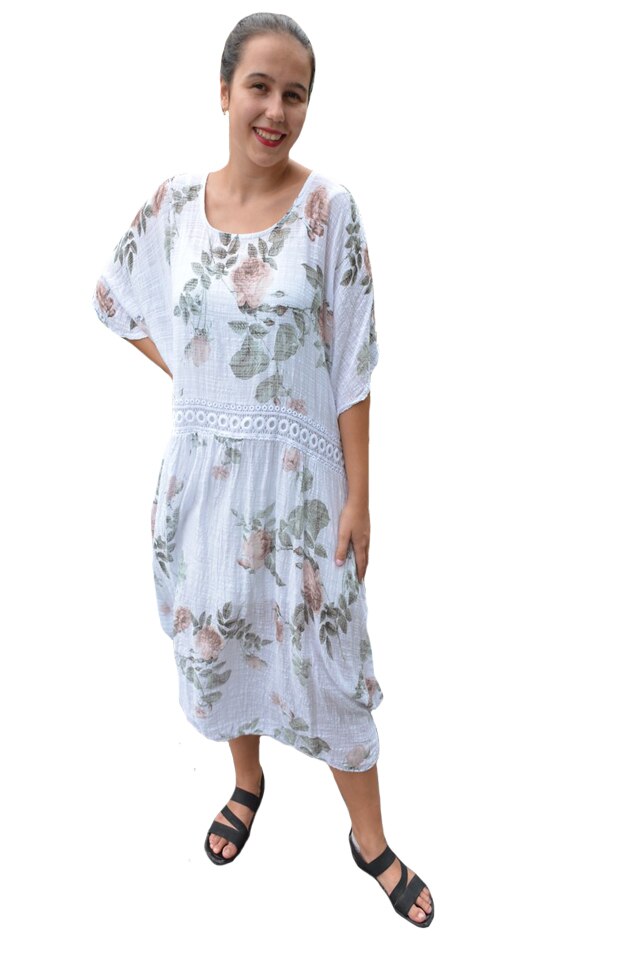 Rochie de vara Elida model cu flori colorate,dantela in talie,D&J Exclussive, Alb