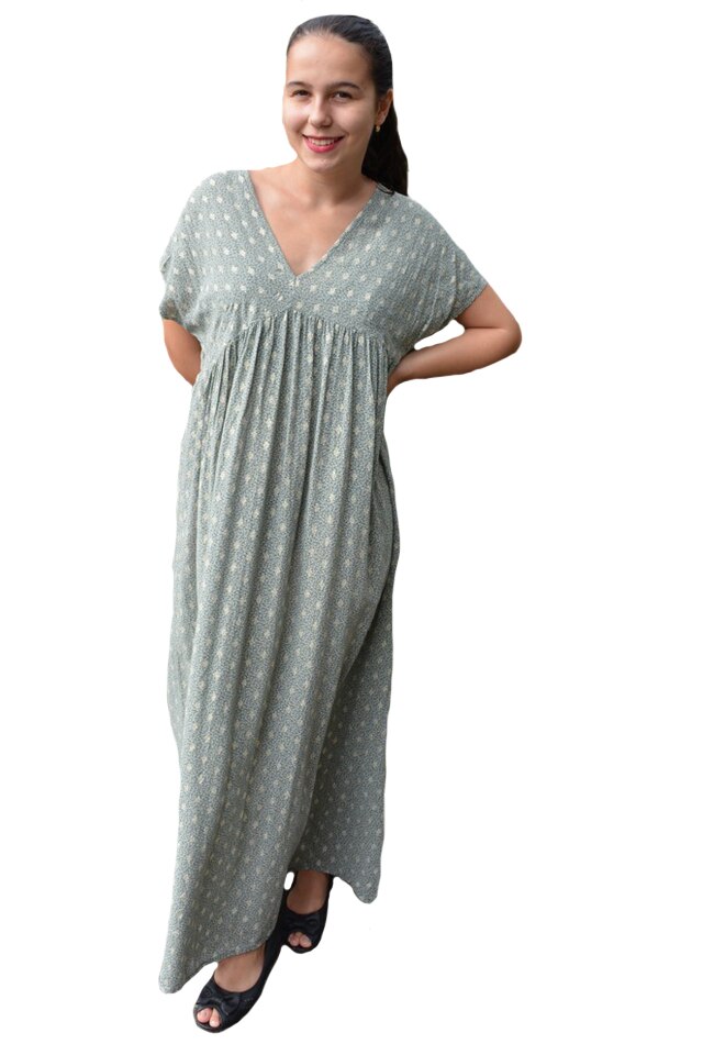 Rochie lunga, vaporoasa Flavia cu decolteu in V,D&J Exclussive, Kaki