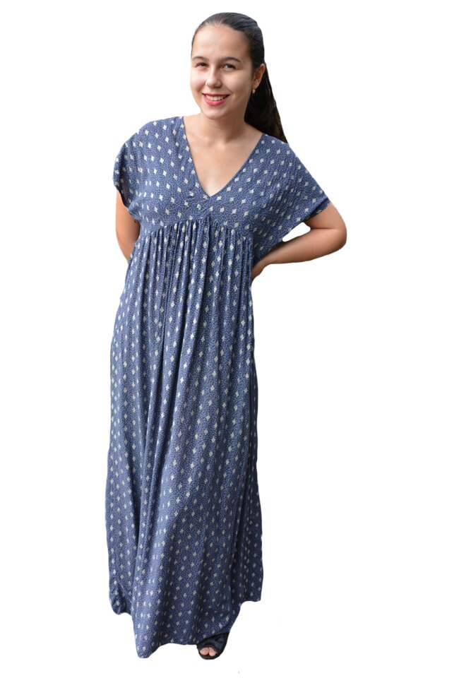 Rochie lunga, vaporoasa Flavia cu decolteu in V,D&J Exclussive, Albastru inchis