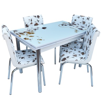 Set Masa Sticla Nr52 cu 4 scaune tapitate, EXTENSIBILA, Alb cu model floral Set Masa Sticla Nr52 cu 4 scaune tapitate, EXTENSIBILA, Alb cu model floral