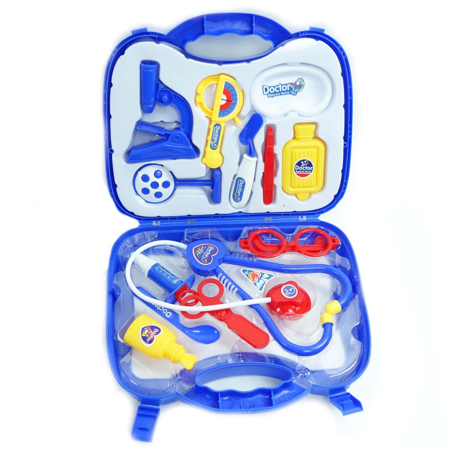 Set doctor de jucarie cu gentuta si instrumente medicale, albastru, 30 cm
