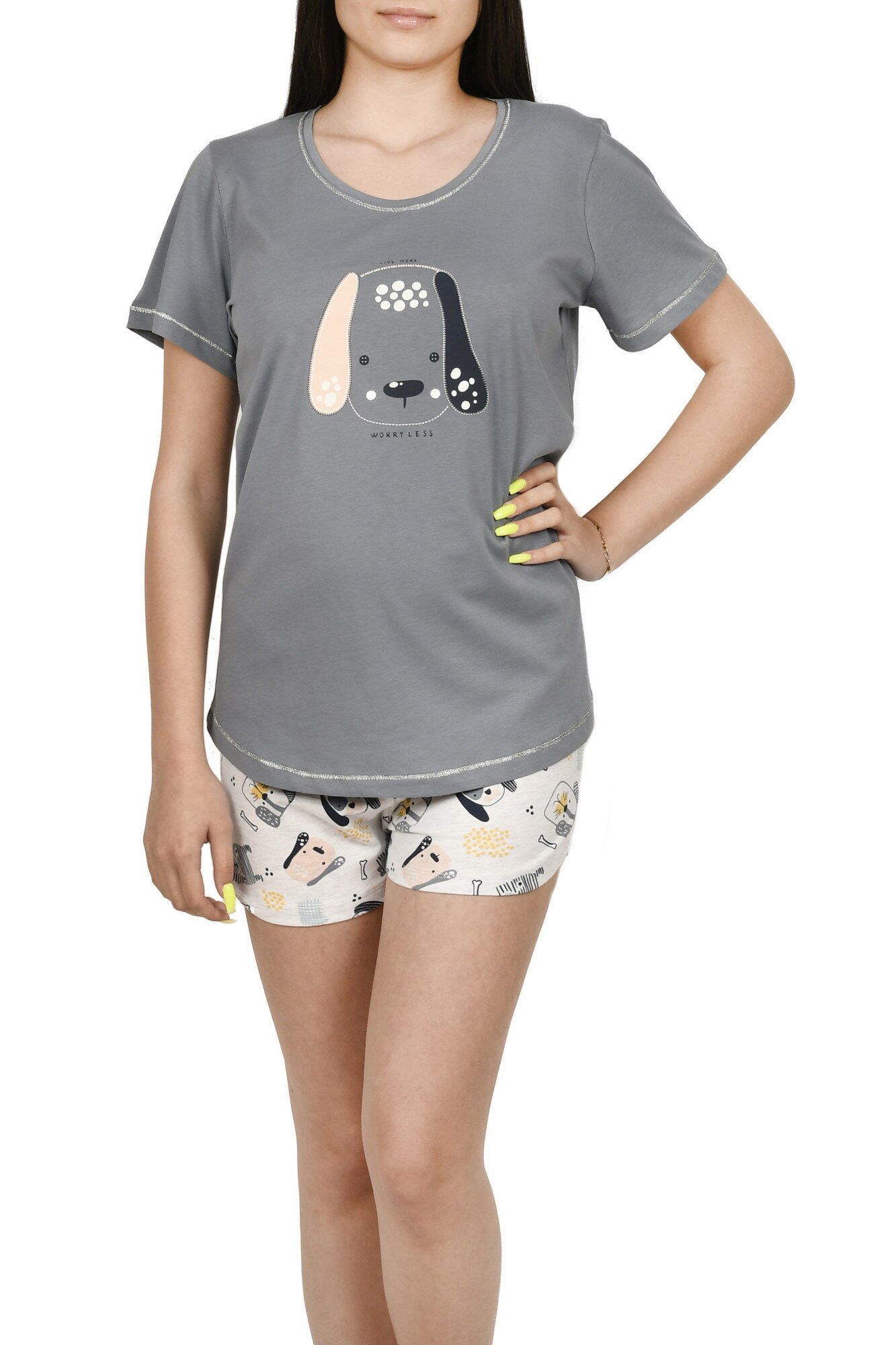 Pijama scurta cu imprimeu vesel, Vienetta, Gri