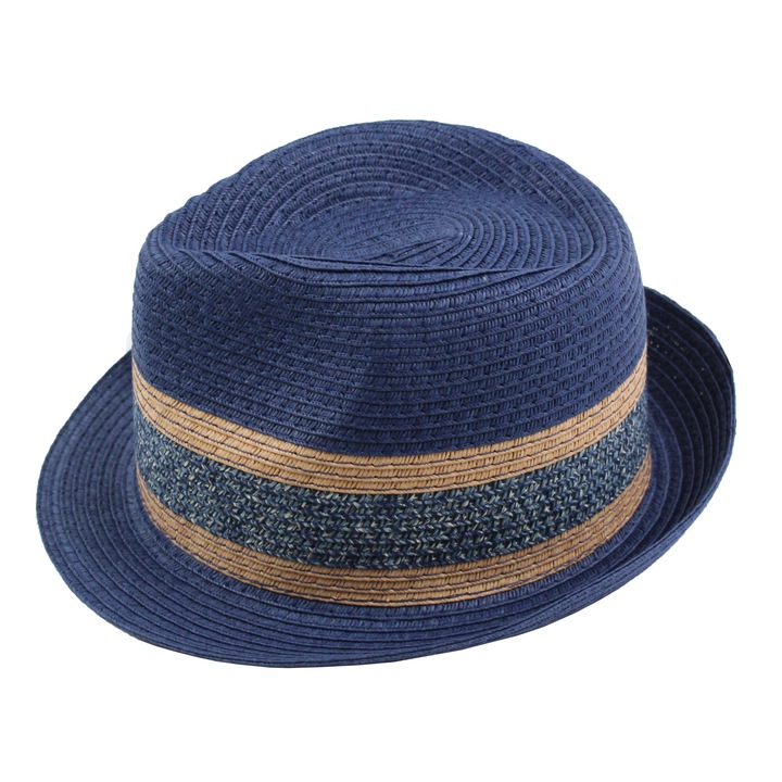 Palarie copii Basic 100% paie bleumarin cu dungi