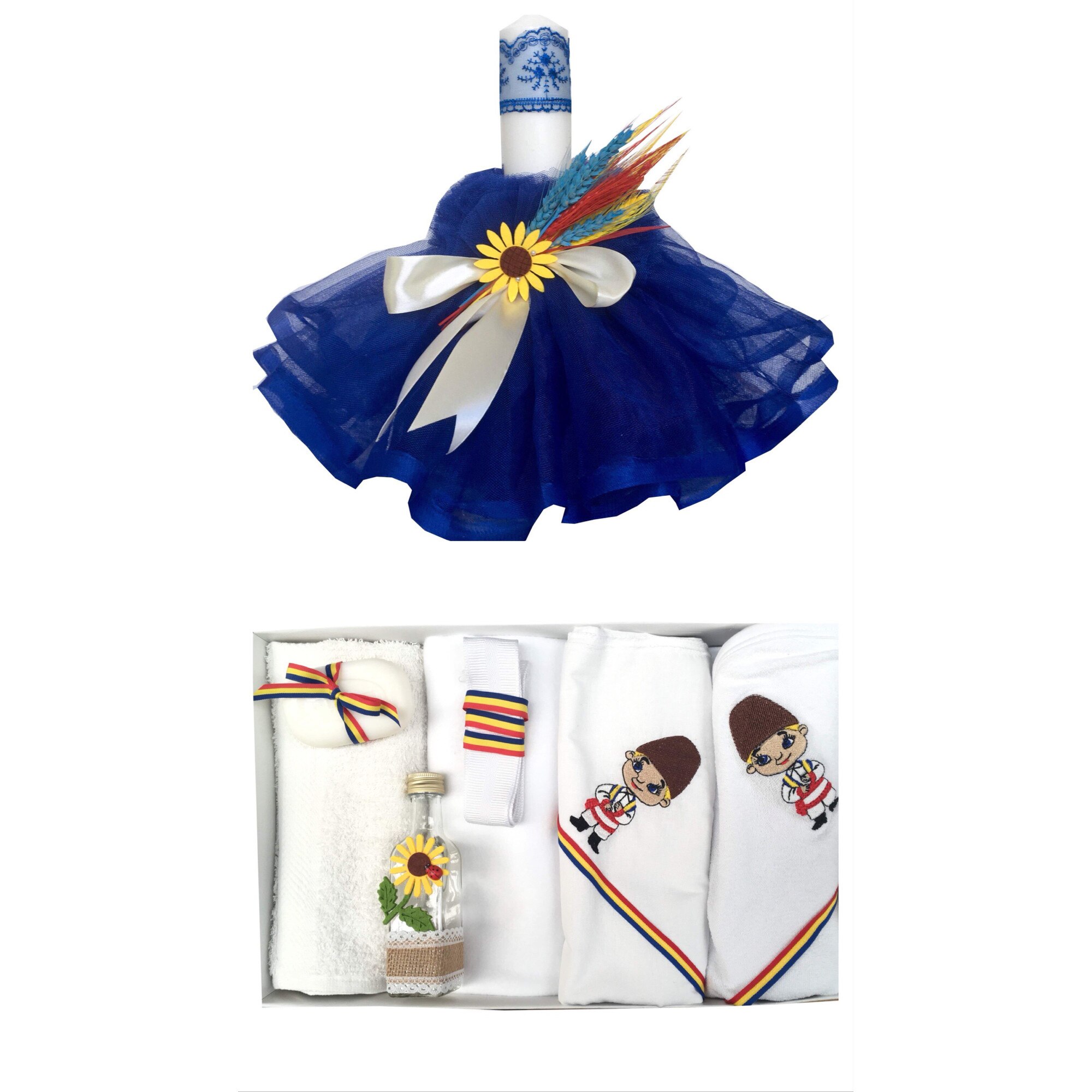 Set Botez Traditional ,Trusou brodat 7 piese si Lumanare, Albastru