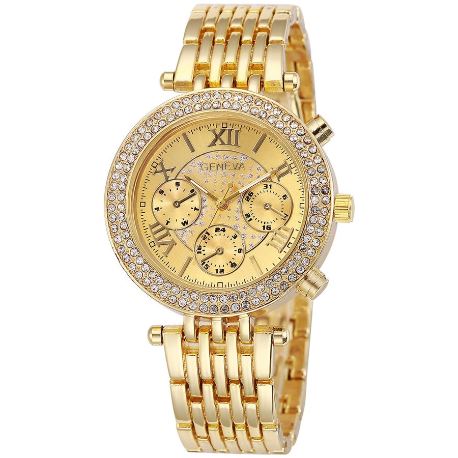 Ceas dama Quartz Geneva casual, elegant G5657 auriu cu cristale, curea metal