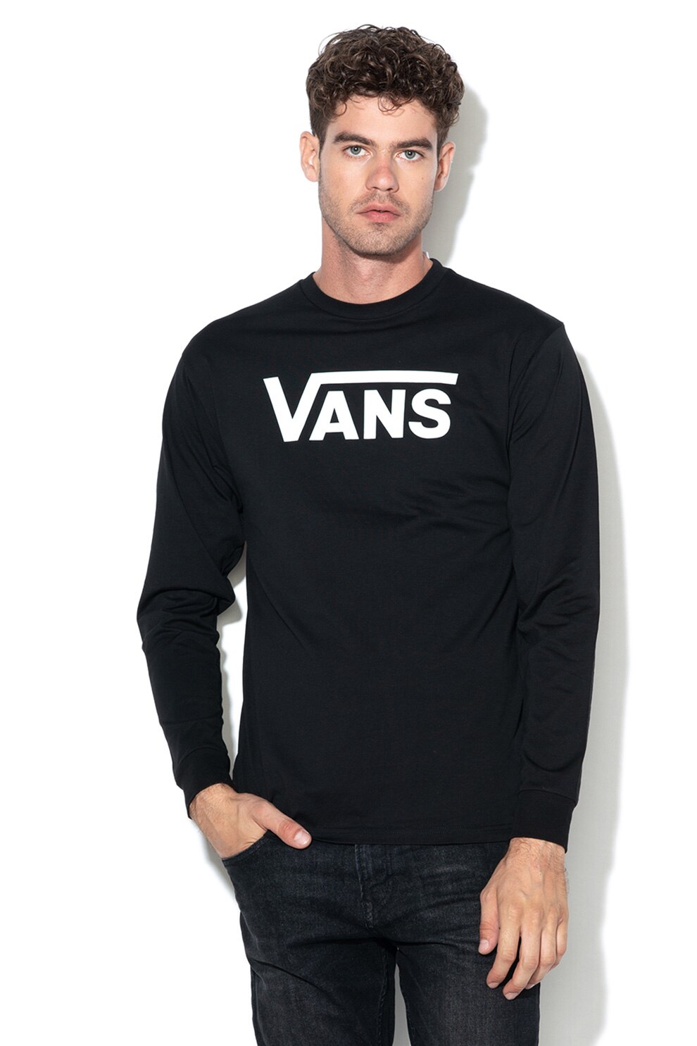 Vans, Bluza classic fit cu imprimeu logo, Negru/Alb