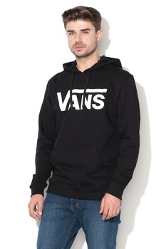 Vans, Hanorac cu imprimeu logo si buzunar kangaroo, Negru/Alb Vans, Hanorac cu imprimeu logo si buzunar kangaroo, Negru/Alb