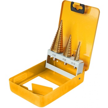 Set (3 buc) Freza Elicoidal (in trepte) pentru metal 4 - 32*2 mm placata cu titan, TOLSEN Set (3 buc) Freza Elicoidal (in trepte) pentru metal 4 - 32*2 mm placata cu titan, TOLSEN