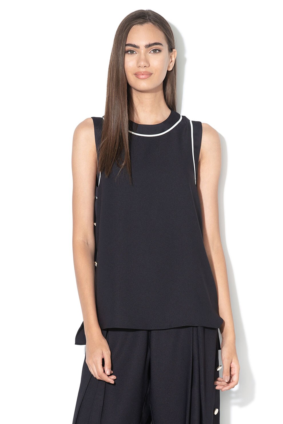 Ted Baker, Bluza fara maneci cu nasturi decorativi, bleumarin inchis, alb, L
