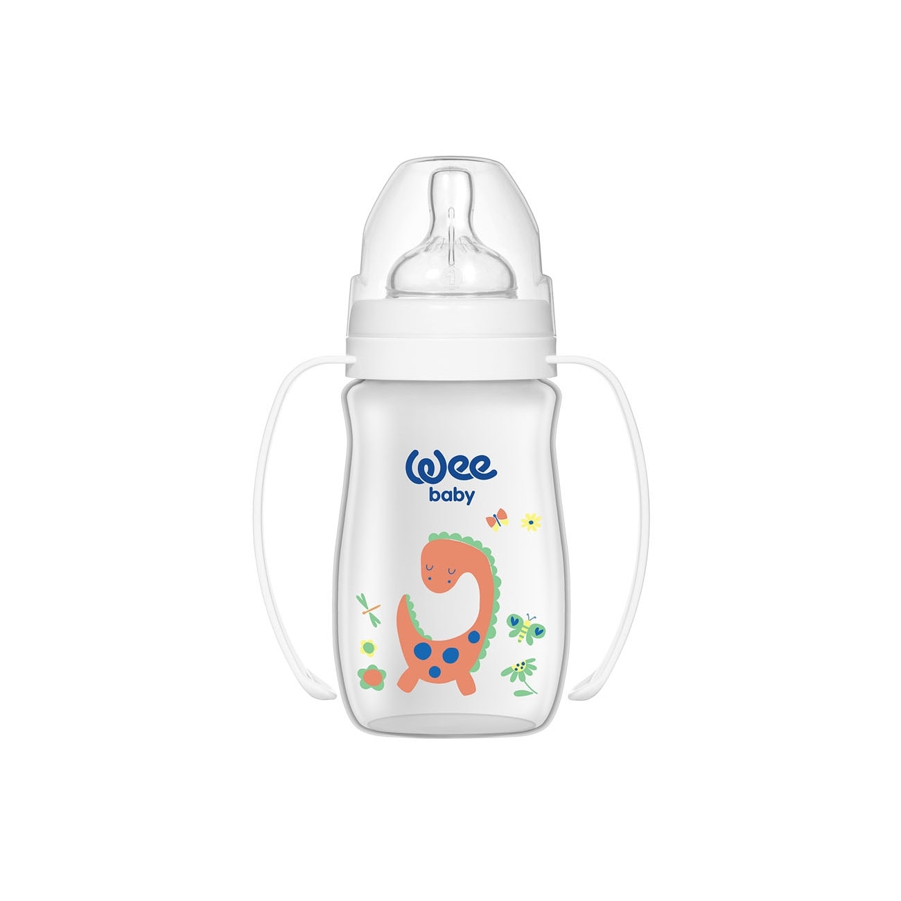 Biberon 250 ml din pp gura larga cu manere Wee Baby, desen dinozaur 0% BPA