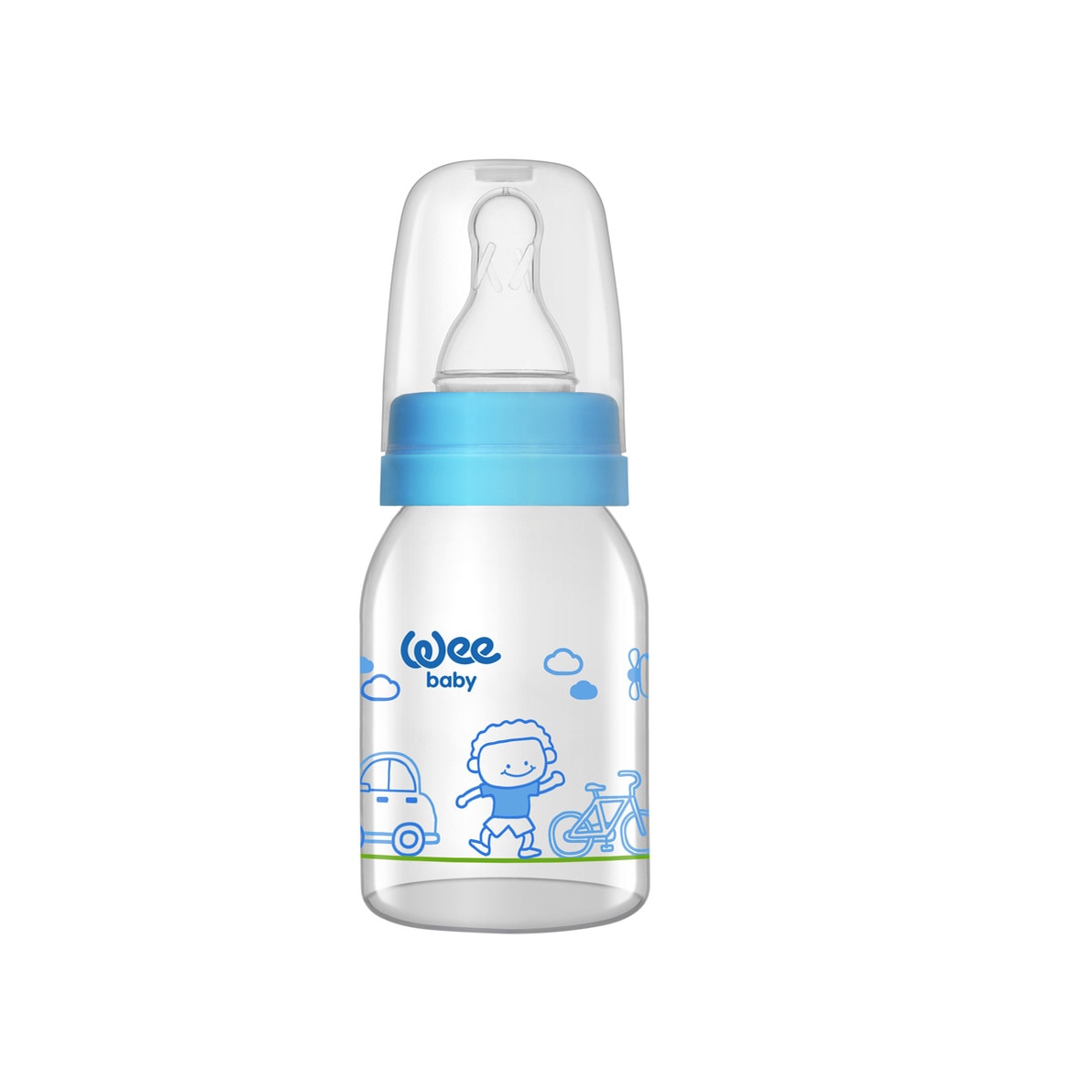 Biberon Wee Baby 125 ml sticla tetina silicon 0-6 luni, cu desene alb 0% BPA