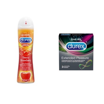 Pachet Prezervative Durex Extended Pleasure, 3 buc/set + Lubrifiant Durex Play Saucy Strawberry 50 ml Pachet Prezervative Durex Extended Pleasure, 3 buc/set + Lubrifiant Durex Play Saucy Strawberry 50 ml
