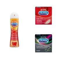 pachet prezervative durex feel thin 3 bucset  prezervative durex extended pleasure 3 bucset lubrifiant durex play saucy strawberry 50 ml imagen 10_0_
0