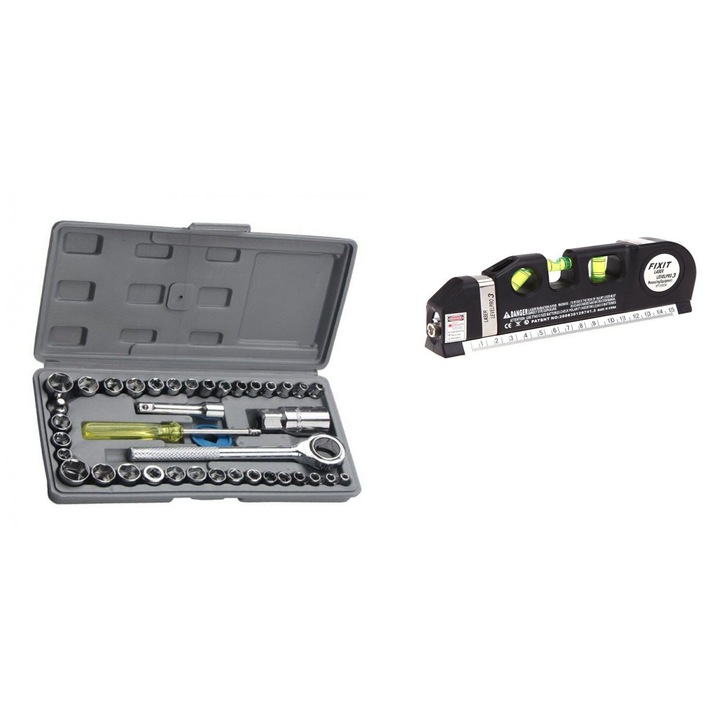 Nivela Laser cruce, orizontal si vertical, boloboc 3 bule, ruleta 2.5m si rigla aluminiu + Trusa chei tubulare 40 piese