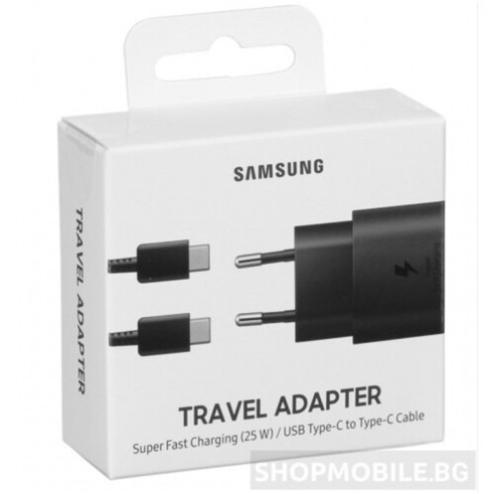 Комплект Зарядно Samsung, EP-TA800XW, 25W, Супер бързо зареждане, USB Кабел USB-C Към USB-C, Retail Box, Black