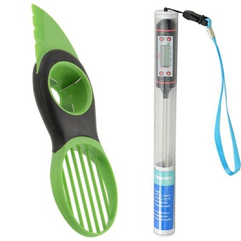 Pachet Termometru digital cu sonda pentru bucatarie, lichide, alimente, lactate, prajituri, ceara -50° C - +300° C + Cutit special Pufo 3 in 1 pentru curatat si feliat avocado Pachet Termometru digital cu sonda pentru bucatarie, lichide, alimente, lactate, prajituri, ceara -50° C - +300° C + Cutit special Pufo 3 in 1 pentru curatat si feliat avocado