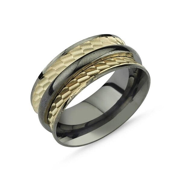 Inel argint lat placat cu rodiu negru, cu doua benzi placate cu aur 12065