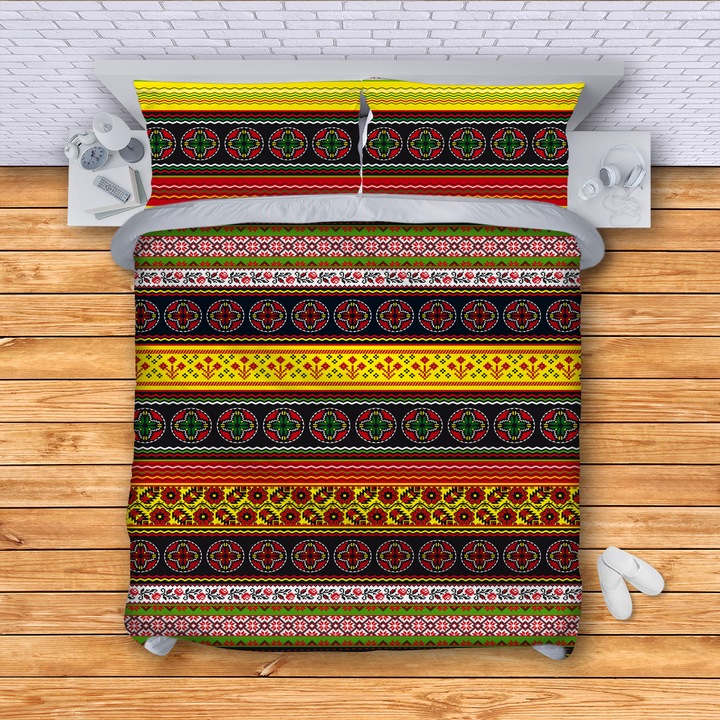 Lenjerie de pat pentru 2 persoane 3dg-textile, Model Cherga, Multicolor, 4 piese