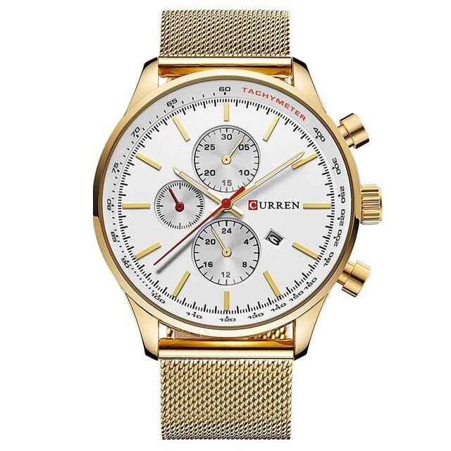 Ceas barbatesc casual, elegant Quartz Curren C198 auriu-alb, curea metal