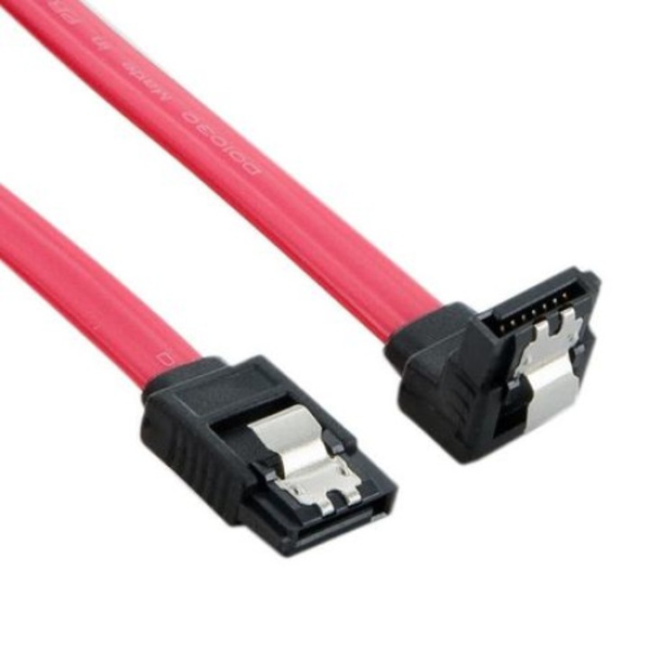 SATA3 кабел за данни, 1 нормален щепсел, 1 страничен щепсел 90 градуса, метални скоби, 45 см, червен, HOPE R