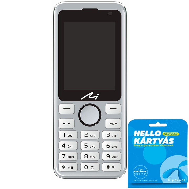 Navon T200 Feltöltőkártyás Mobiltelefon, Dual SIM, Ezüst + Telenor Kártyás Expressz SIM kártya