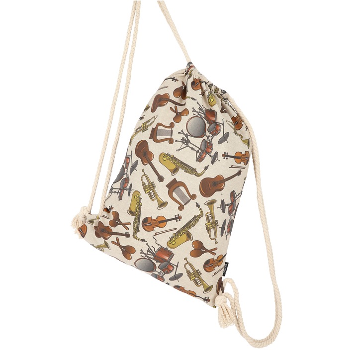 Rucsac material textil, Daveras, snur din bumbac, imprimeu instrumente muzicale, 47 x 33 cm