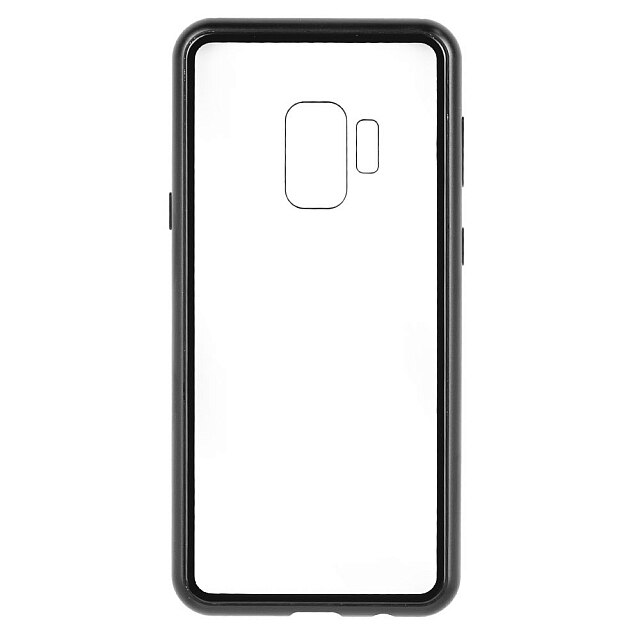 Husa magnetica cu sticla pe spate si rama metalica pentru Samsung Galaxy S9, Transparent/ Negru