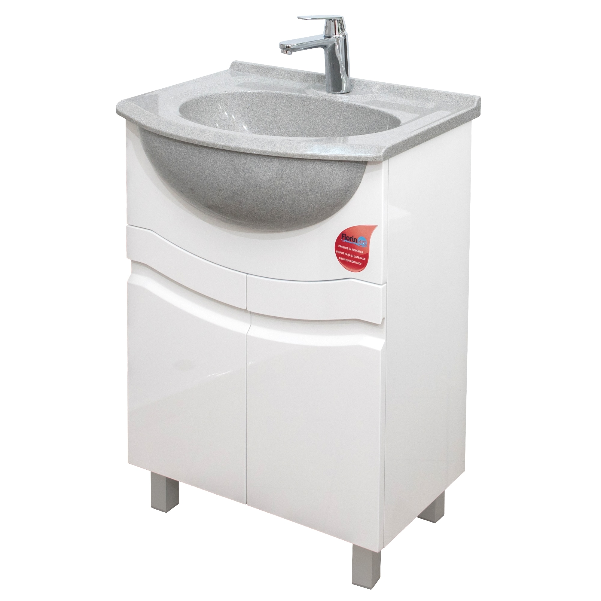 Mobilier Baie Mdf vopsit cu 2 usi, polita , manere frezate+lavoar 60 cm Granixit Gri