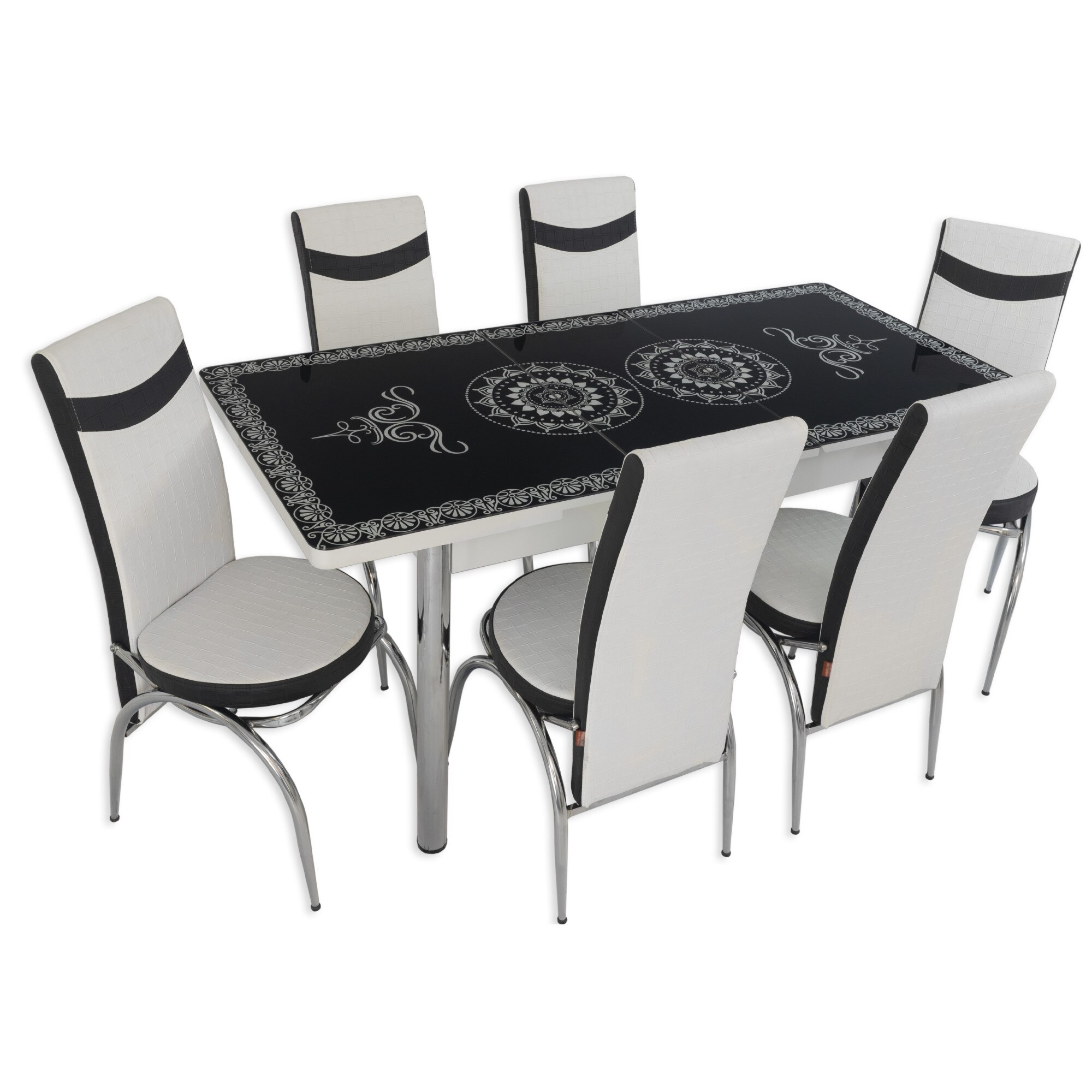 Set masa extensibila model ORIENTAL BLACK 155B/6 , cu 6 scaune alb cu negru