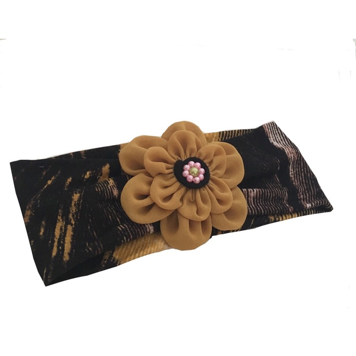 Bentita lata imprimeu galben mustar negru cu floare, Galben mustar