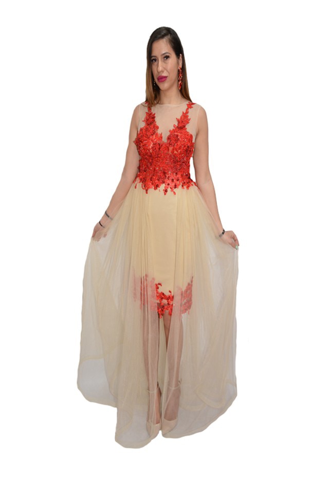 Rochie eleganta cu lungime asimetrica,insertii de tul si broderie, D&J Exclusive, Rosu-crem