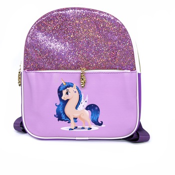 Ghiozdan colorat cu sclipici si personaj, mov, 30 cm Ghiozdan colorat cu sclipici si personaj, mov, 30 cm