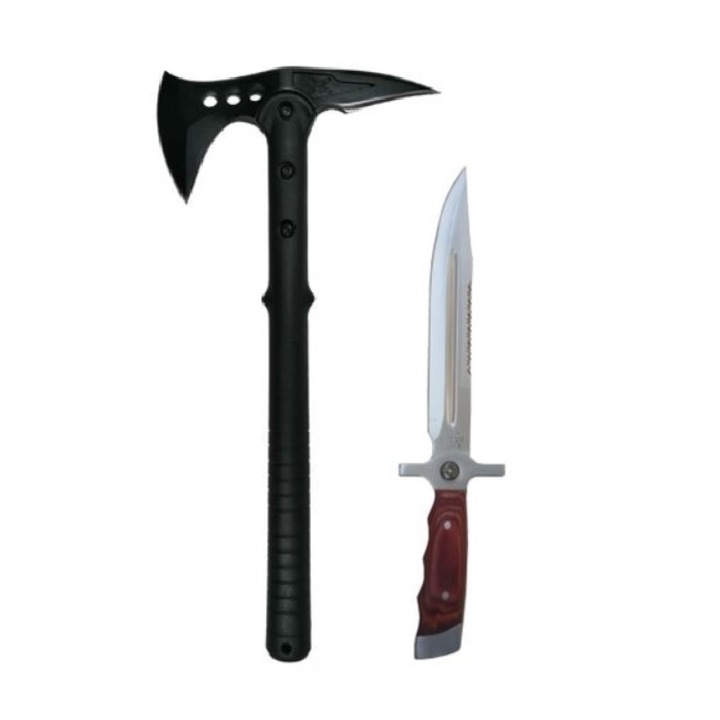 Pachet drumeti format din Topor 1kg, lama otel BRT042 si Cutit Vanatoare, busola, teaca inclusa