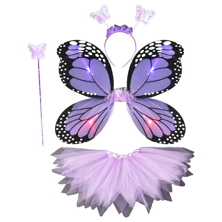 Zoreya Gyermek Jelmez Szoknyával Készlet, 4 darabos, pillangó szárnyak LED-ekkel, fejpánt és pálca, tütü, ünnepséghez, partihoz, lila