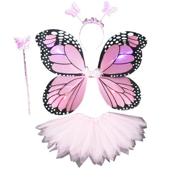 Set 4 piese, costum pentru copii cu fustita, aripi de fluture cu leduri, bentita si bagheta fetite pentru gradinita, serbare, petrecere, halloween, Roz - Zoreya Set 4 piese, costum pentru copii cu fustita, aripi de fluture cu leduri, bentita si bagheta fetite pentru gradinita, serbare, petrecere, halloween, Roz - Zoreya