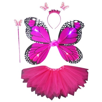 Set 4 piese, costum pentru copii cu fustita, aripi de fluture cu leduri, bentita si bagheta fetite pentru gradinita, serbare, petrecere, halloween, Siclam - Zoreya Set 4 piese, costum pentru copii cu fustita, aripi de fluture cu leduri, bentita si bagheta fetite pentru gradinita, serbare, petrecere, halloween, Siclam - Zoreya