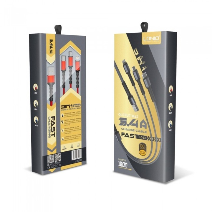 Кабел за данни/зареждане Ldnio, LC-93 3in1 MicroUSB/USB-C/Lightning, Черен