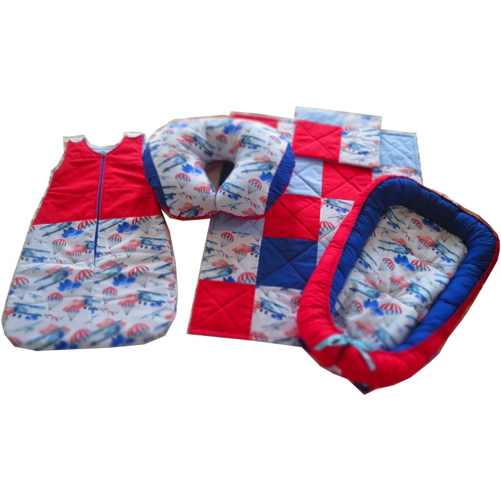 Set Bebelusi complet, Model Avion, 5 piese: sac de dormit, BabyNest, paturica si perna patchwork, perna pentru alaptat, Multicolor