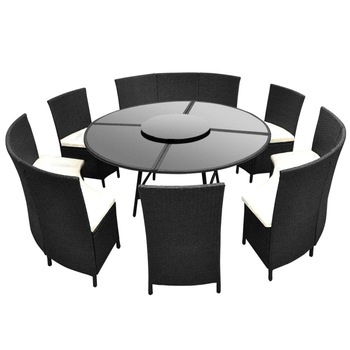 Set mobilier de gradina 7 piese masa rotunda cu scaune, vidaXL, Poliratan/Sticla, 145 x 65 x 88 cm, Negru Set mobilier de gradina 7 piese masa rotunda cu scaune, vidaXL, Poliratan/Sticla, 145 x 65 x 88 cm, Negru