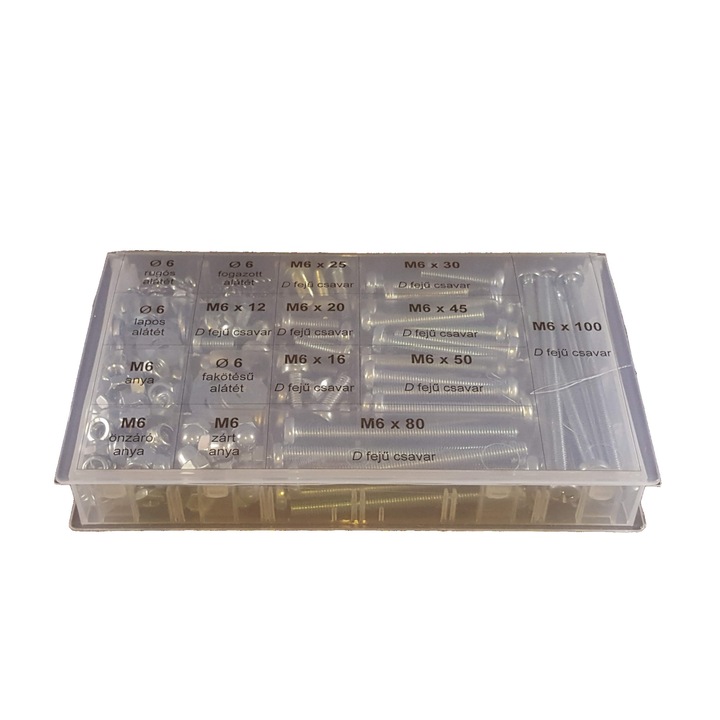 Set de suruburi CsavarBazár, Cap „D” galvanizate M6 cu saibe si piulite, 382 bucati