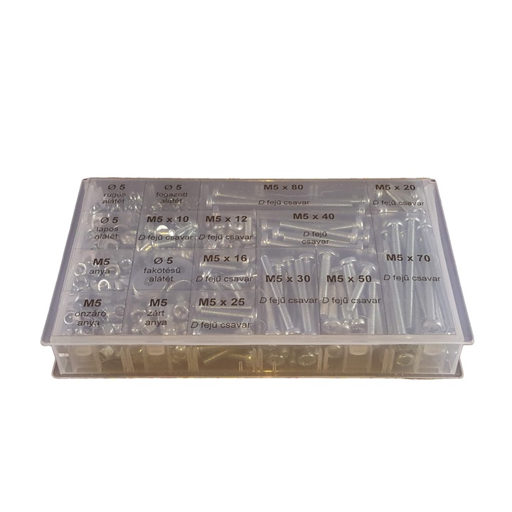 Set de suruburi CsavarBazár, Cap „D” galvanizate M5 cu saibe si piulite, 659 bucati