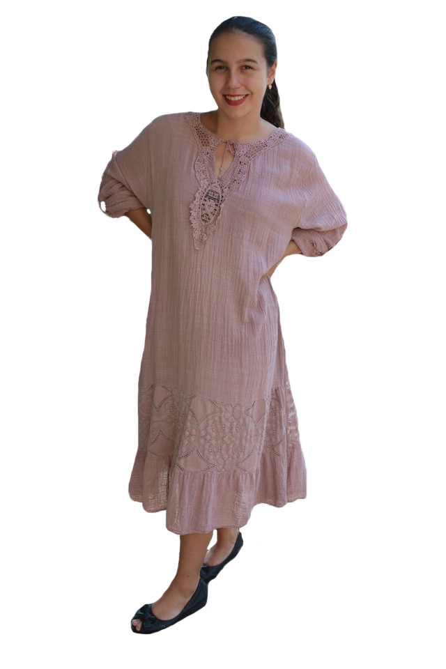 Rochie de vara Reagan cu insertii de dantela, D&J Exclussive, pudra
