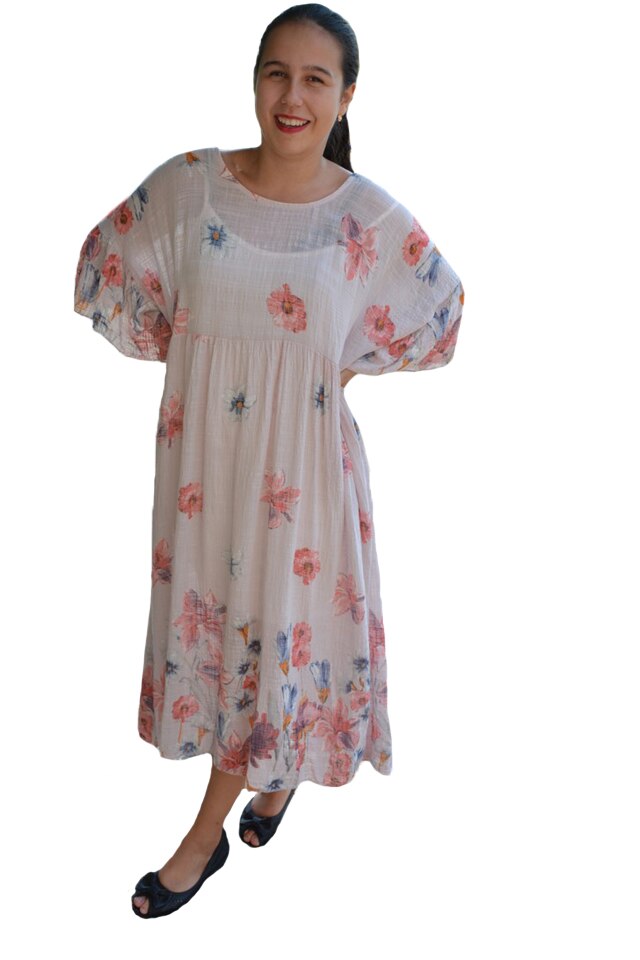 Rochie vaporoasa Penelope, imprimeu floral, D&J Exclussive, pudra