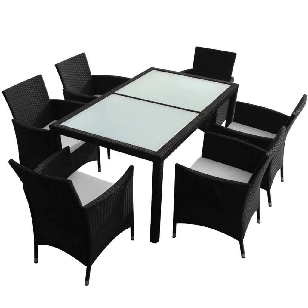 Set mobilier de gradina 7 piese, vidaXL, Negru, Ratan si sticla, 150 x 90 x 75 cm