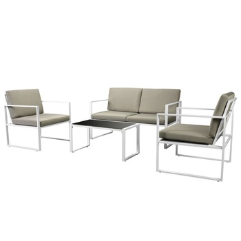 Set mobilier de gradina cu perne, 4 piese, alb, otel 42863 Set mobilier de gradina cu perne, 4 piese, alb, otel 42863