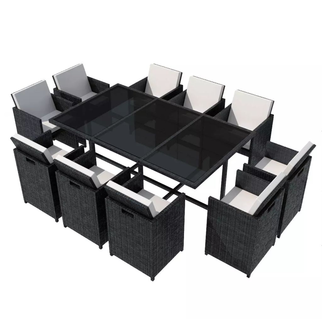 Set mobilier gradina/terasa/exterior 11 piese, vidaXL, Poliratan/Sticla, 167 x 109 x 74 cm, Negru