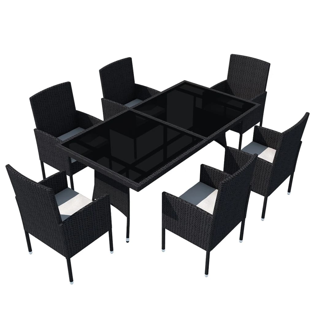 Set mobilier gradina/terasa/exterior 7 piese, vidaXL, Ratan/Sticla, 140 x 80 x 74 cm, Negru