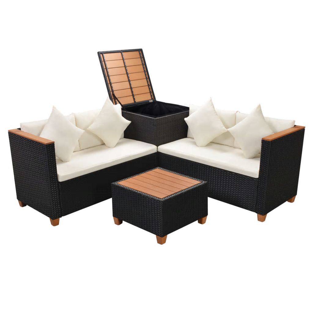 Set mobilier de gradina cu perne, 4 piese, negru, poliratan 43003